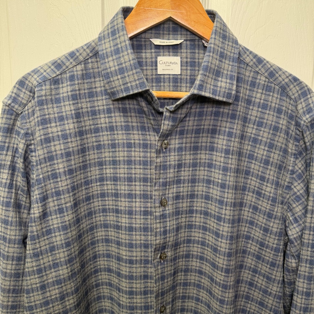 Culturata Roma, Made in Italy Men’s Plaid Long Sleeve Button Down L 16.5 Cotton